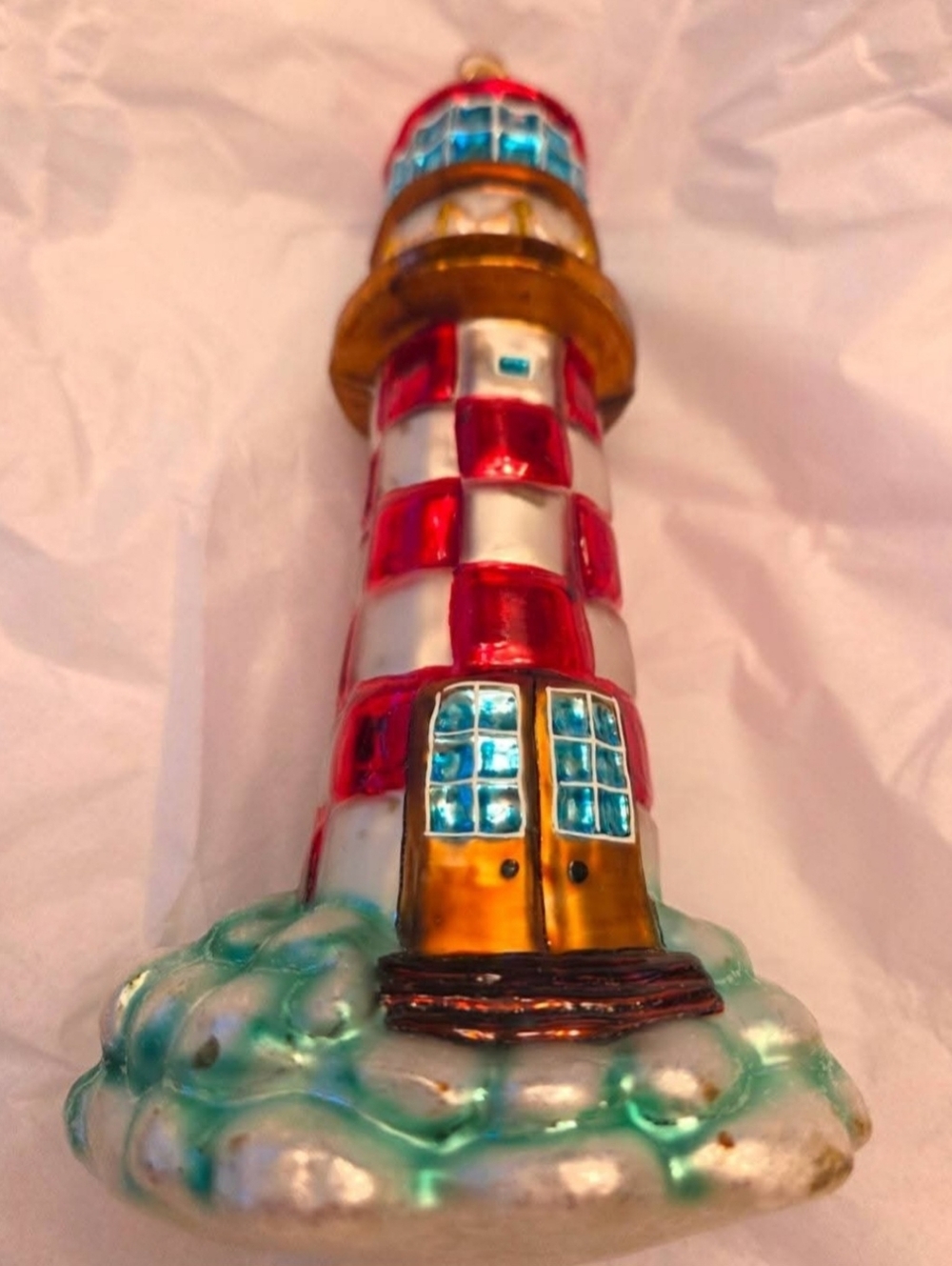 Red & White Lighthouse Glass Ornament - Home Art